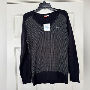 Puma Women's Black V-Neck Sweater with White Pattern XL NEW